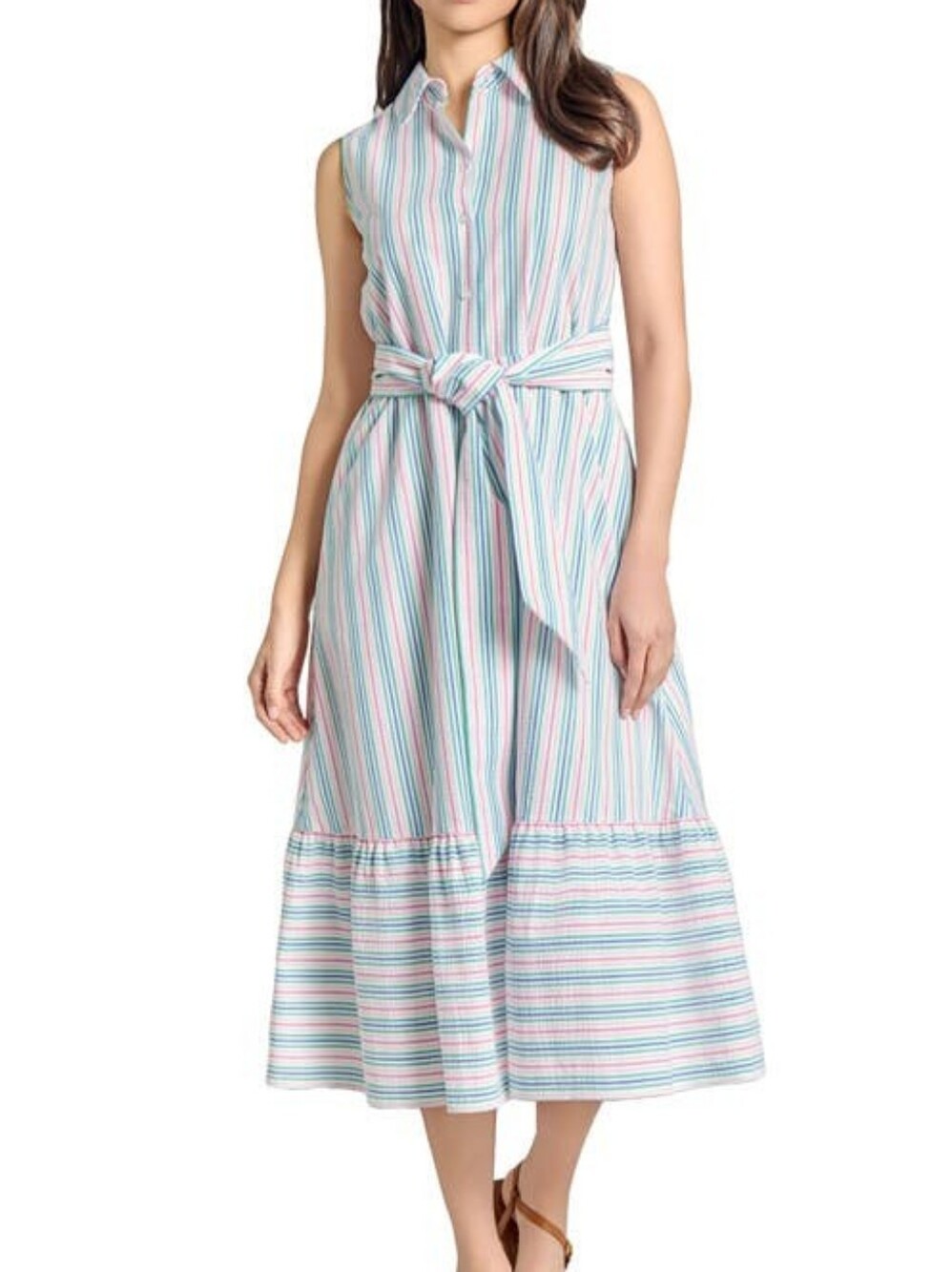 Jones New York Striped Sleeveless Shirt Dress with Tie Waist